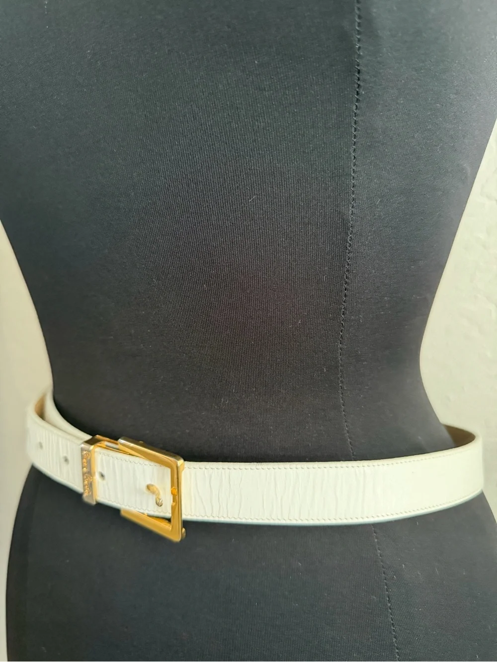 pierre cardin white belt textured, leather-and gold-tone buckle.